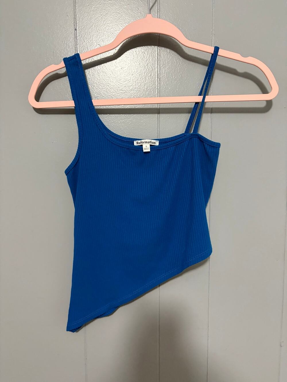 Reformation Blue Ribbed Tencel Blend Asymmetrical Casual Crop Tank Top S